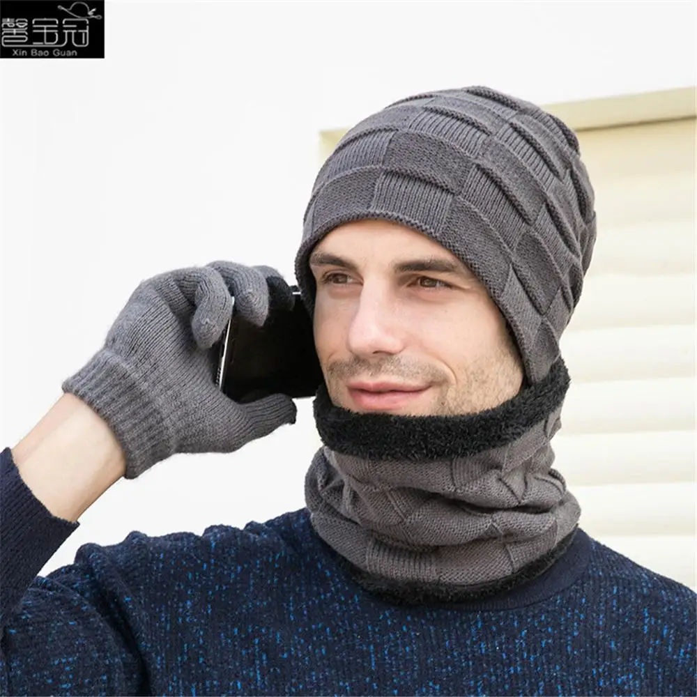 Серый Beanies, зимняя шапка, мужская шапка, зимняя шапка, шапка с воротником, набор, плюс бархат, толстая вязаная шапка и глушитель, перчатки, шапка бини, Muts#2O21 - Цвет: Серый