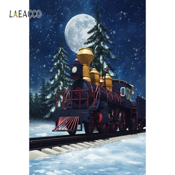 

Laeacco Steam Train Pine Trees Moon Snow Winter Landscape Photography Backdrops Photo Backgrounds Christmas Photophone Photocall