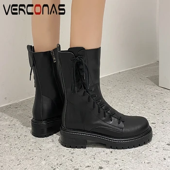 

VERCONAS 2020 New Genuine Leather Women Mid-Calf Boots Autumn Winter Cross-Tied Side Zipper Shoes Woman Casual Platforms Boots