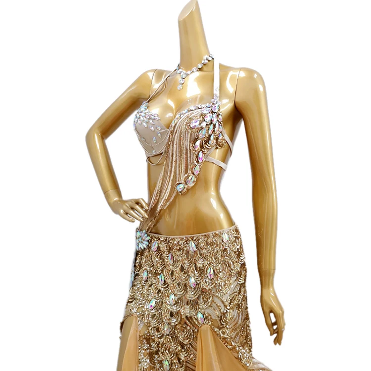 Роскошный костюм ручной работы с восточными бусинами для танца живота, юбка с бюстгальтером, комплект из 3 предметов, женская одежда для сцены, костюм для танца живота