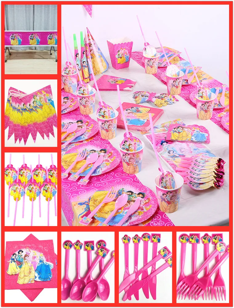

82pcs/set Disney Princess Girls Party Supplies Tableware Plate Cup Flag Tablecloth Straw Napkin Birthday Party Decoration Favor