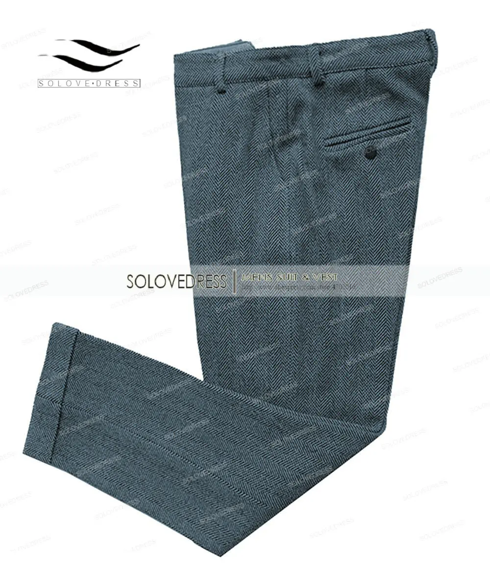 Men's Wool Tweed Leisure Cotton Trousers Male Gentleman regular fit Herringbone Business Pants Suit for Wedding Groom business pants suit pants men pants