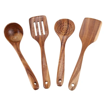 

Natural Wooden Cooking Utensils Kitchen Utensil Set ,Nonstick Hard Wooden Spatula and Wooden Spoons,4 Pack