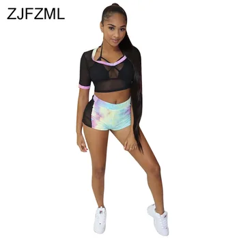 

Tie Dyeing Print Sexy 2 Piece Outfit Summer Clothes for Women Sheer Mesh Long Sleeve Crop Top +Biker Short See Through Tracksuit