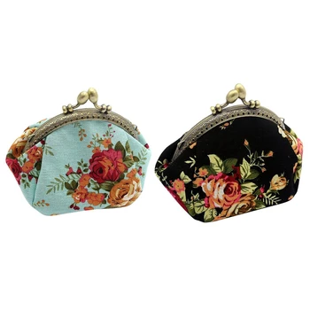 

2 Pcs Wallet,Lady Vintage Flower Mini Coin Purse Wallet Clutch Bag - (Black & Blue)