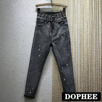 

High-Waist Hot Drilling Jeans Women's 2020 New Rhinestone Stretch Pencil Pants Dark Grey Denim Trousers Skinny Pants