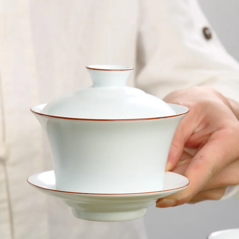 Цзиндэчжэнь Gaiwan Ding печь матовый белый коричневый обод белая фотография Gongfu Чай