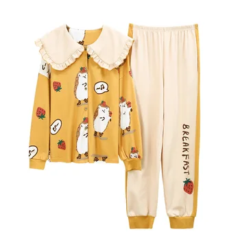

Autumn and winter pajamas women's long sleeve cotton cardigan sweet and lovely home clothes suit Pijamas Mujer