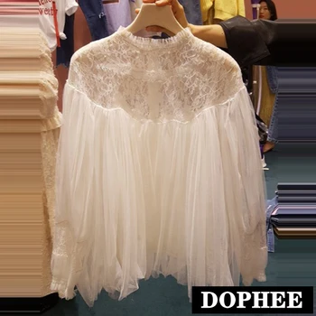 

Lace Stitched Long-Sleeve Perspective Mesh Shirt Women 2020 Spring Summer New Fashion Perspective Shirt Top White Blouses