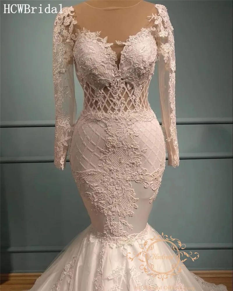 Vestido De Noiva Luxury Long Sleeve Mermaid Dubai Wedding Dresses Detachable Train Floor Length Gorgeous Lace Bridal Gowns
