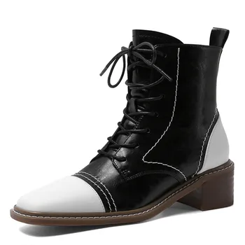 

Women Ankle Boots Cross-tied Flat Thick Heel Shoes Short Plush Lining Fall Winter Botas Feminina New Western Style Mixed Color