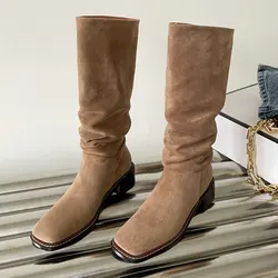 Women‘s Slouch Knee High Boots Suede Leather Wide Calf Long Shoes Square Toe Thick Heels Brand Design Winter Plus Size 42