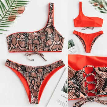 

Women's Two Piece Filled Bra Sexy Split Snake Skin Pattern Bathing Female Bra Summer Lingerie Sets Beachwear Low Waist