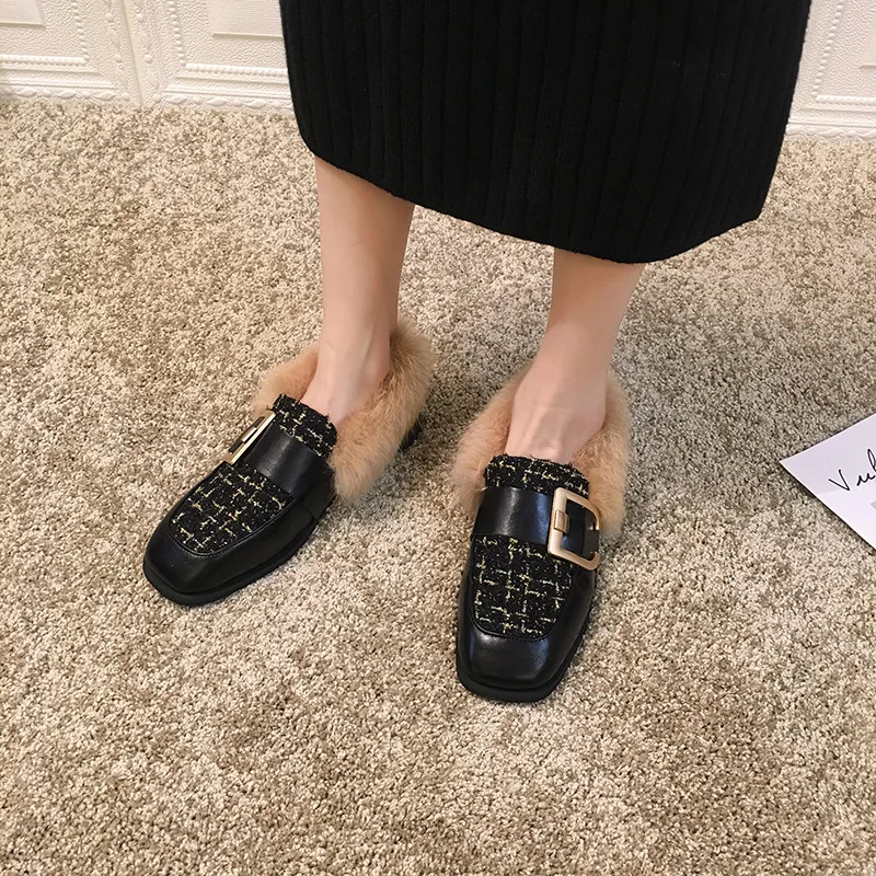 

Single Shoes Women's Versatile 2019 Autumn Korean-style Square Head Metal Buckle Fluffy Shoes Retro British Style Flat Small Lea