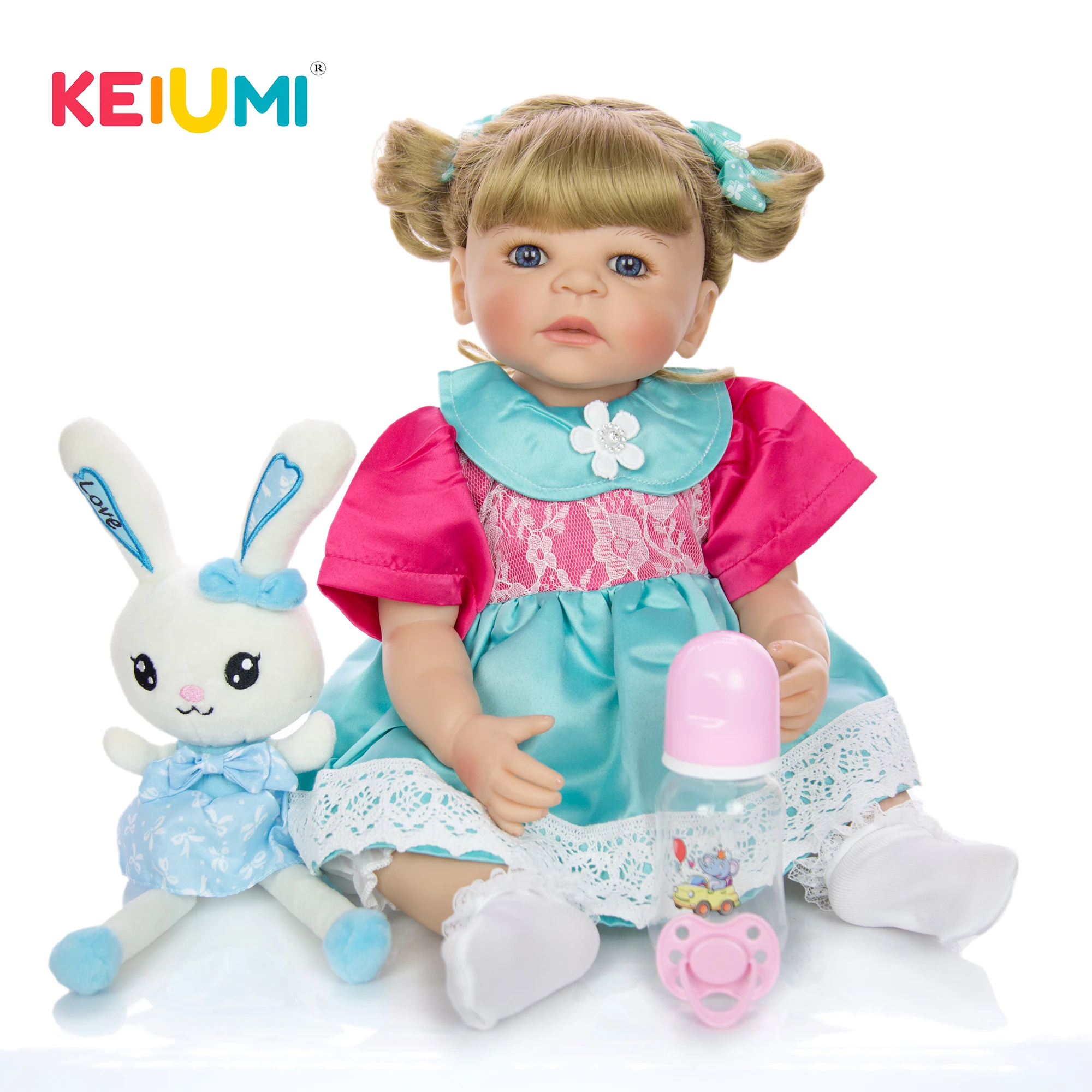 

KEIUMI Cute Rabbit Full Silicone Vinyl Body Reborn Baby Dolls 55 cm Realistic Gold Curls Reborn Menina For Children's Day Gifts