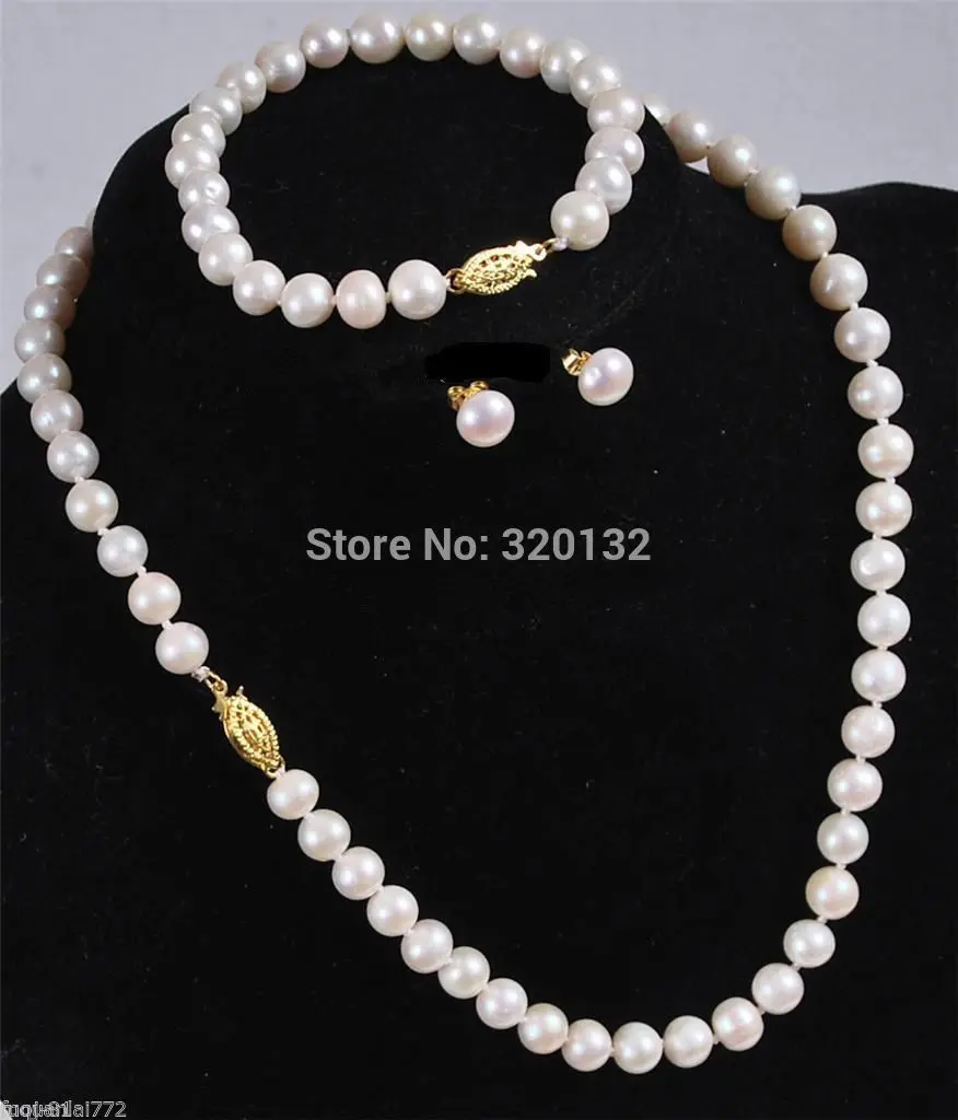 DYY Woman's bridal Jewellery 8MM White Akoya Cultured Pearl Necklace Bracelet Earring Set Wholesale Plated gold Jewelry silver h |