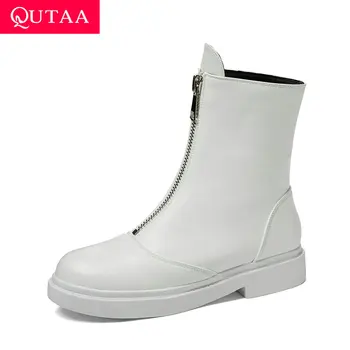 

QUTAA 2021 Autumn Winter Square Heel Women Shoes Fashion Front Zipper Ankle Boots Round Toe PU Leather Short Boots Size 34-43