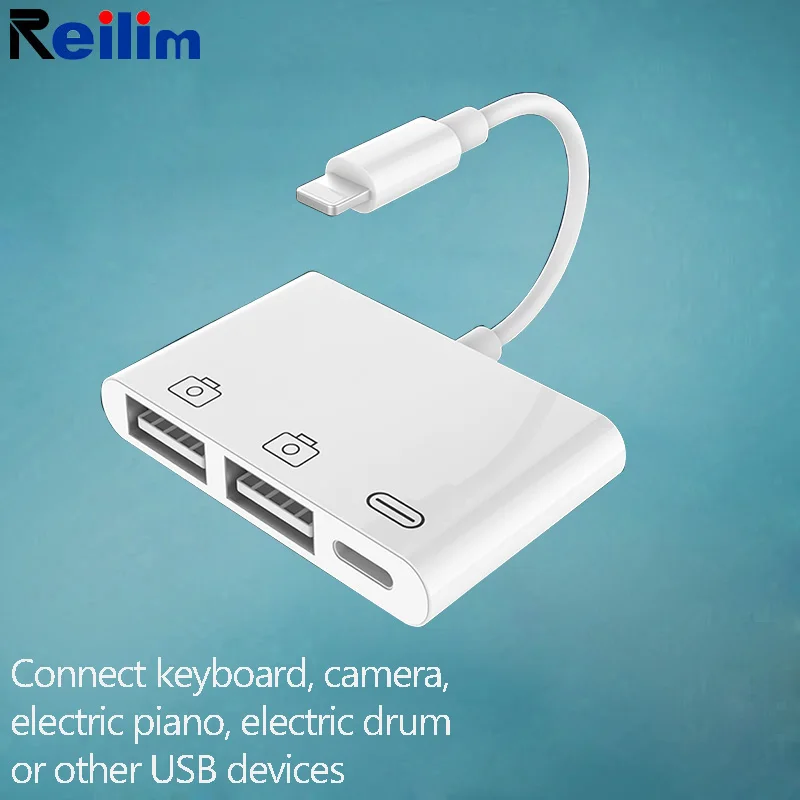 

Reilim New OTG Double USB Adapter for iPhone 8 X iOS 13 USB camera U flash drive converter for lightning USB cable headphones