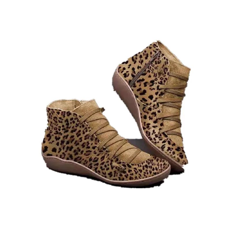 Fashion Vintage Women's PU Leather Ankle Boots Autumn Winter Female Cross-tied Leopard Warm Zipper Shoes Flat Short Snow Boots