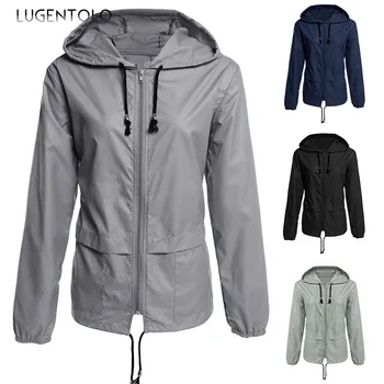 

Lugentolo Women's Jacket New Zipper Outdoor Climbing Waterproof Rain Long Sleeve Solid Color Straight Sweater Regular Jacket