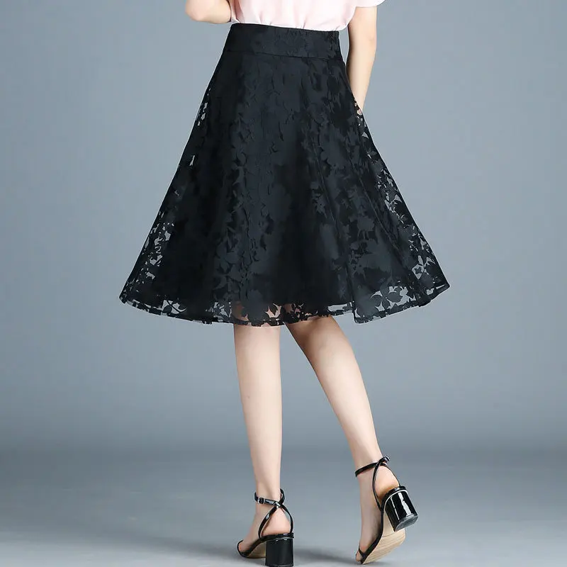 

2019 Spring And Summer New Style Lace Short Skirt Women's Gauze Skirt A- line Full Skirt High-waisted Black And White with Patte