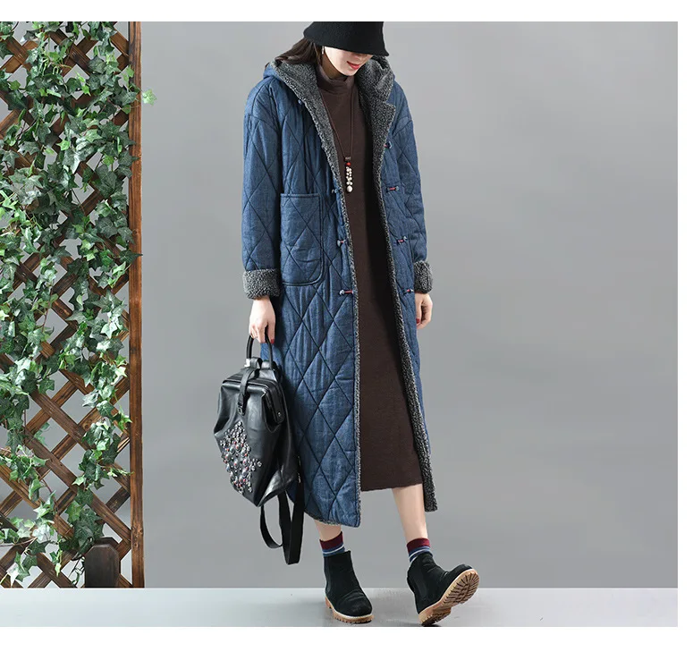 Новинка, Зимняя Толстая куртка с капюшоном, Ретро стиль, кнопки, длинное теплое пальто, парки для женщин, L1899