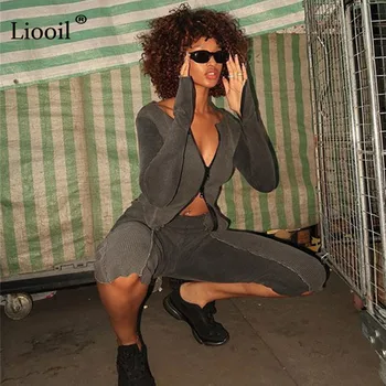 

Liooil Asymmetric Gray Two Piece Set Zip Up Coat And Pants Fall 2020 Winter Long Sleeve High Waist Women Sexy 2pcs Club Outfits
