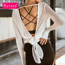 Сексуальный галстук с открытой спиной для женщин, топ для йоги, спортивная рубашка, белый, розовый, зеленый, с длинным рукавом, спортивная одежда для женщин, спортивный топ для спортзала, фитнес для женщин