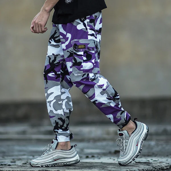 Камуфляж Цвет модные Для мужчин s джинсовые, длиной до колена, для бега, штаны в стиле панк в стиле «хип-хоп», джинсы Homme для мужчин в стиле милитари с большими карманами; брюки-карго Для мужчин - Цвет: camouflage purple