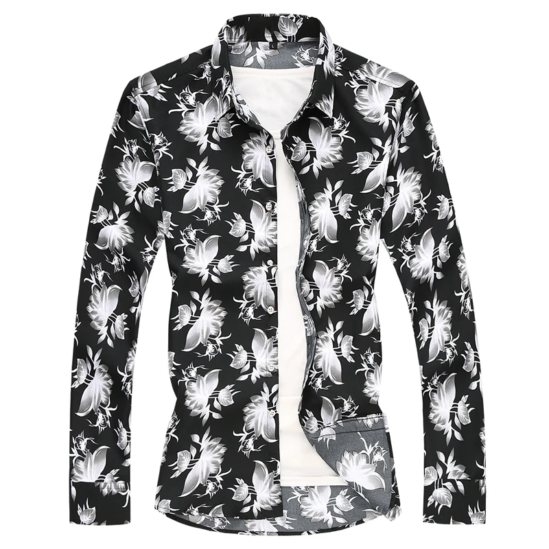 

C608 White Floral 3D Printing Fashion Slim Fit Long Sleeve Shirt Men Autumn High Quality Soft Comfortable Camisa Masculina M-7XL