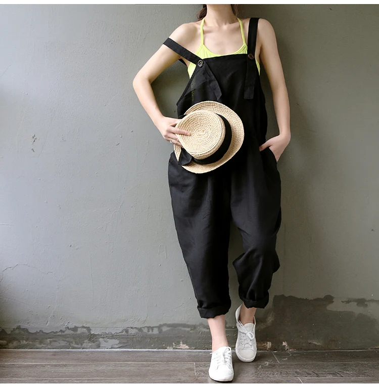 Spring and Summer Literature Cotton Trousers Plus Size Casual Black Overalls Pants Women Slim Wide Leg Harem Pants AH201