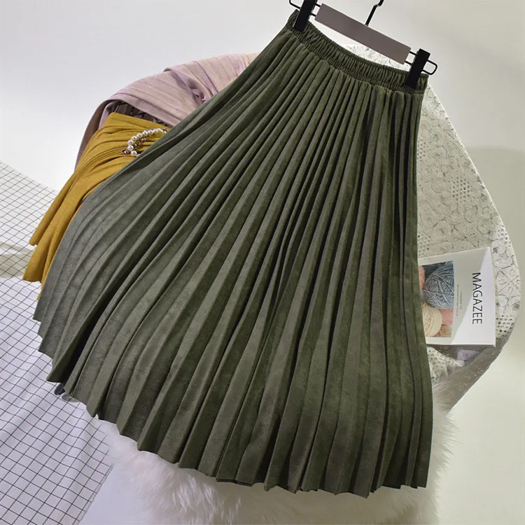 Qiuxuan искусственная замша кружевная длинная юбка женская плиссированная юбка осень зима модная Эластичная Высокая талия Повседневная Женская Макси юбка