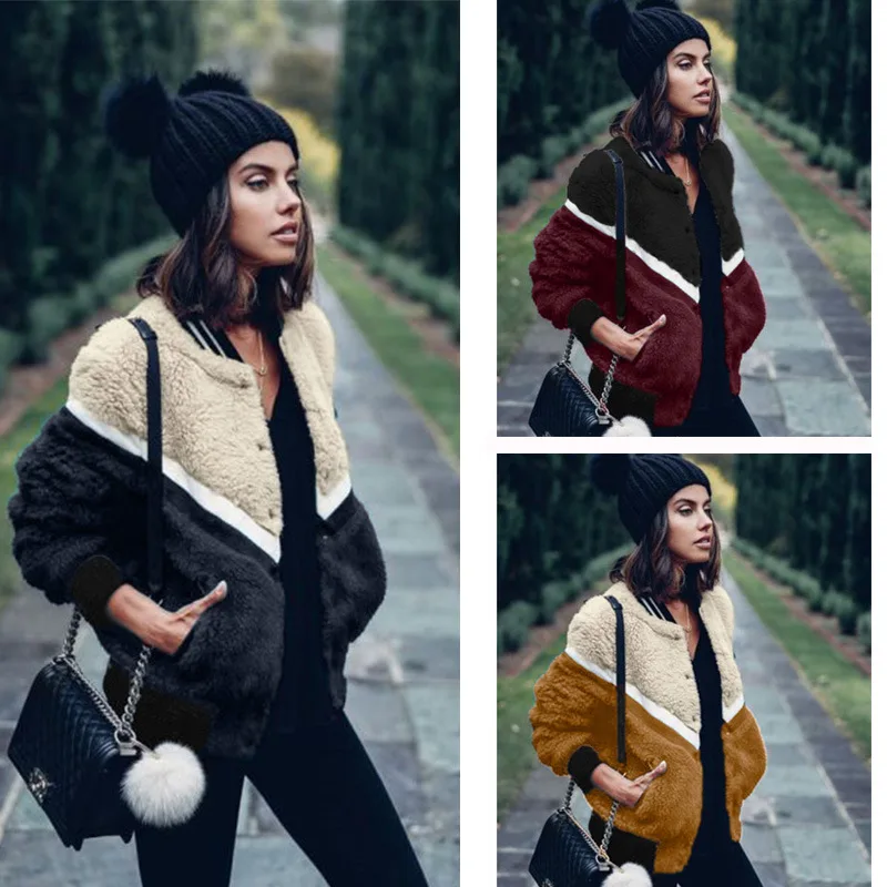 

Zoulv 2020 Autumn and Winter New Women's Contrast Color Stitching Fashion Warm Single-breasted Furry Casual Jacket