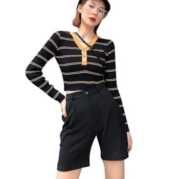 

Women's Sweater Autumn Winter Warm Stripe Pullover Jumper Knitted V Neck Sweater New Slim Button Knit Top