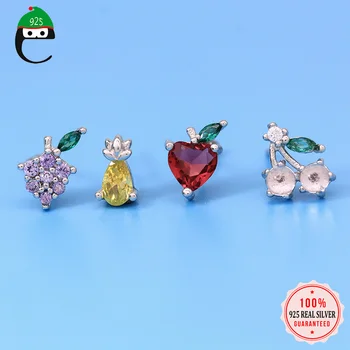 

ElfoPlataSi 925 Sterling Silver Small Fruit Grapes Pineapples Cherries Stud Earring For Women Girl Fine Silver 925 Jewelry ED471