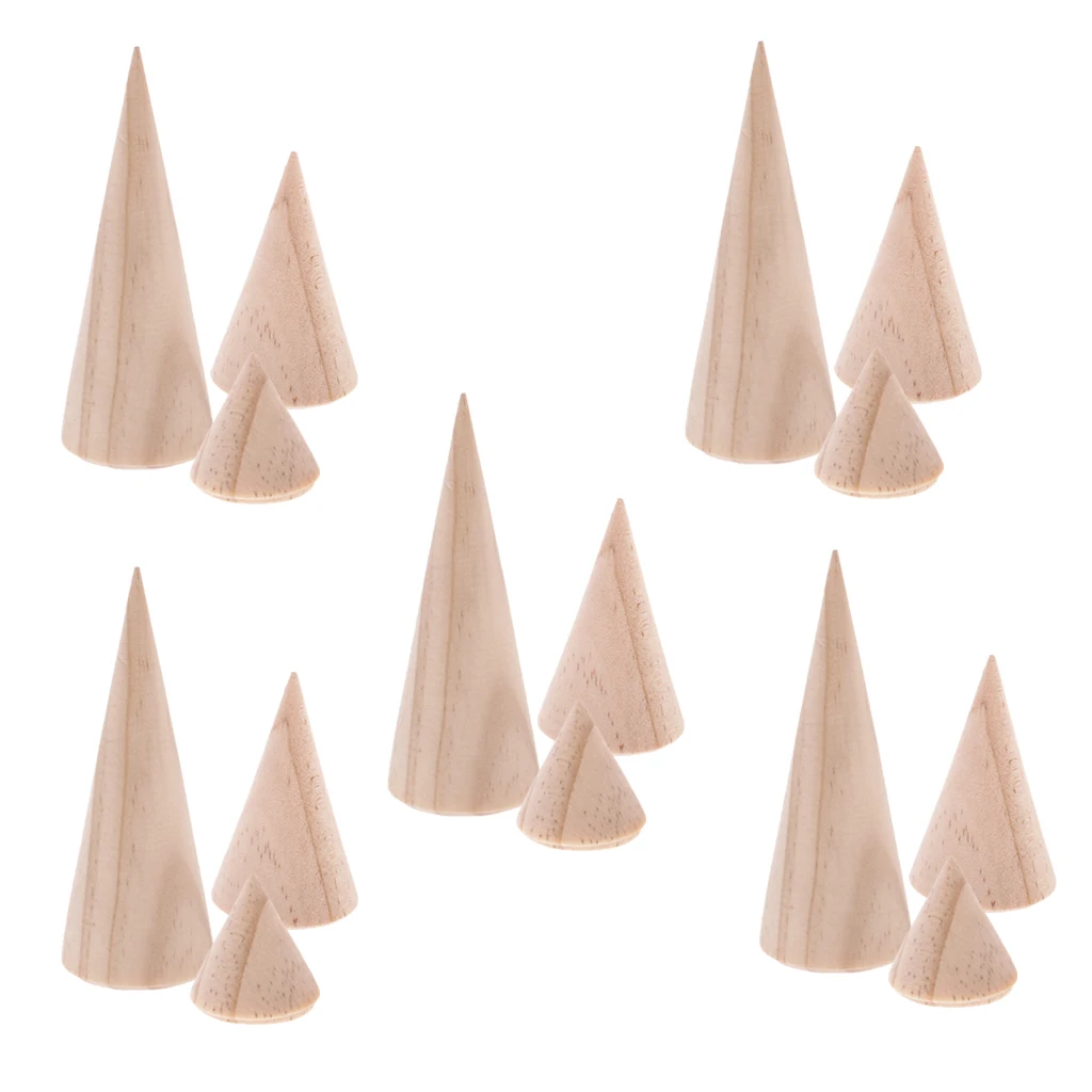 15 Pieces S/M/L Size Cone Shape Wood Jewelry Display Ring Holder DIY Decoupage