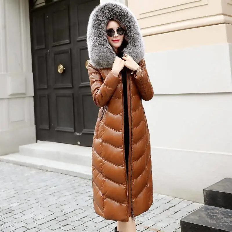 Новинка года; зимняя женская куртка больших размеров 4XL из натурального Лисьего меха с капюшоном; куртка из натуральной кожи; Женская длинная пуховая куртка из натуральной овчины; R250 - Цвет: jiao tang se