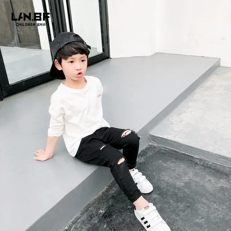 

Lan bu fang 2019 Spring Clothing New Style BOY'S with Holes Jeans CHILDREN'S Pants Baby Ripped Jeans Korean-style Popular Brand-