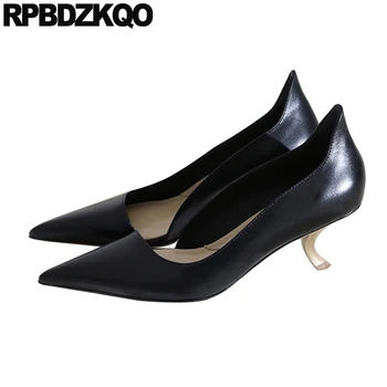 

stiletto high quality fashion shoes brand 2019 slip on pumps black ladies pointed toe genuine leather size 4 34 heels 3 inch