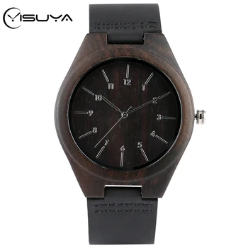 

YISUYA Simple Designer Quartz Wood Watches Vintage Ebony Wood Arabic Numerals Display Male Wristwatch Leather Gift for Men reloj