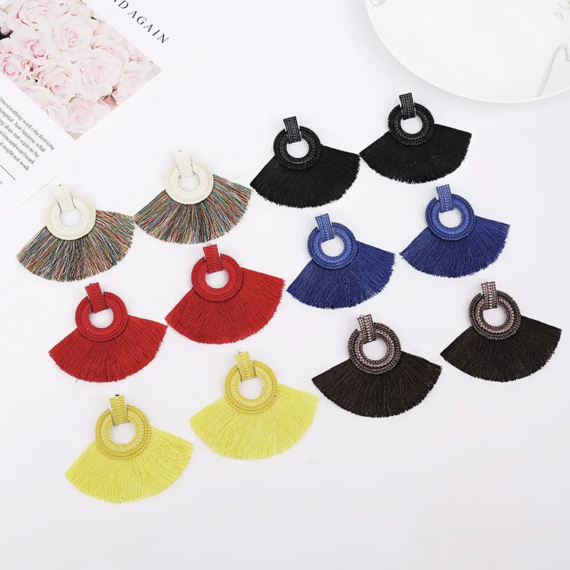 

2019 Fashion Bohemian Color Weave Beads Tassel Drop Earrings for Wommen Handmade Geometric Big Statement Jewelry