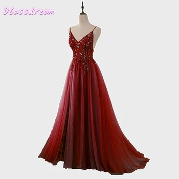 

Wine Red Tulle Evening Dresses Split Front Sweep Train Elegant Hot Sale Spaghetti Straps Luxury Bead Crystal Backless Illusion