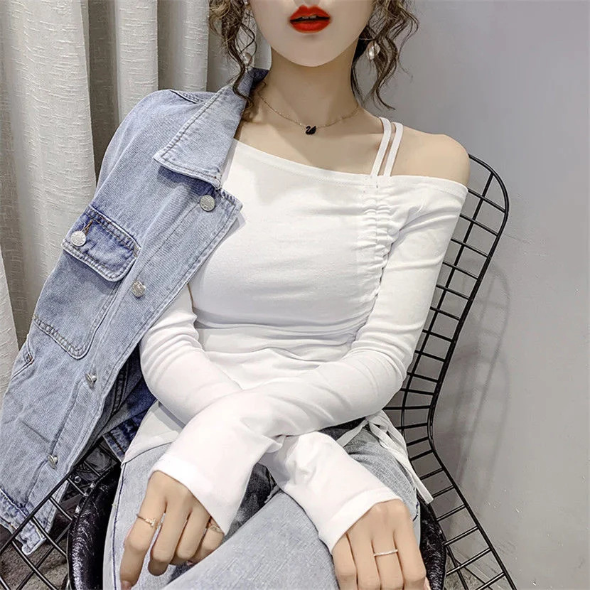 

Autumn Winter Long Sleeve T-shirt New White Slim Fitting Bottoming Sexy T Shirt Women Tshirt One Line Collar Off Shoulder Vogue