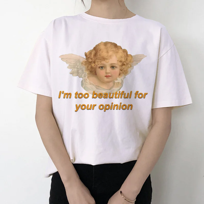 Футболка ангела Женская Kawaii печать 90s модная, с короткими рукавами женская забавная футболка винтажная мода футболка футболки с забавным принтом Ullzang
