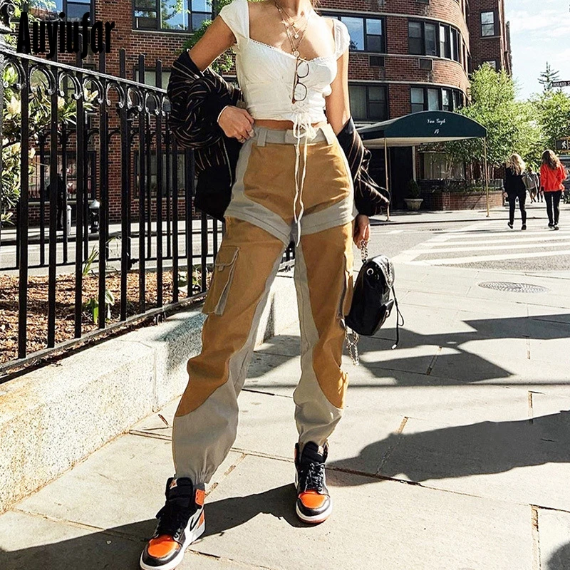 

Auyiufar Fashion Casual Patchwork Women Cargo Pants High Waist Zipper Pockets Harem Pants 2019 New Streetwear Female's Trousers