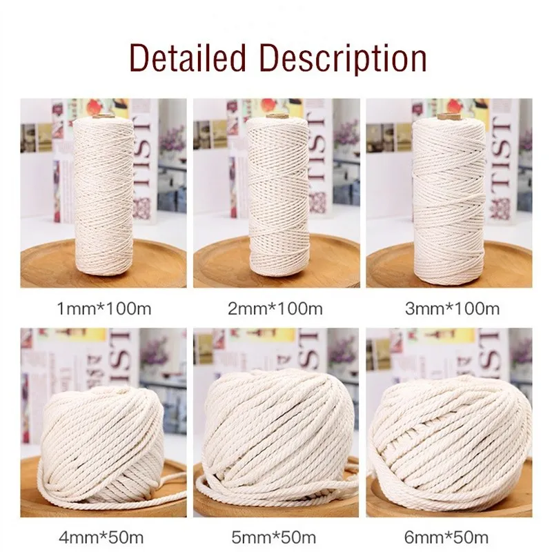 2/3/4/5/6mm Natural Cotton Twisted Cord Rope Craft Macrame 200M Artisan String 