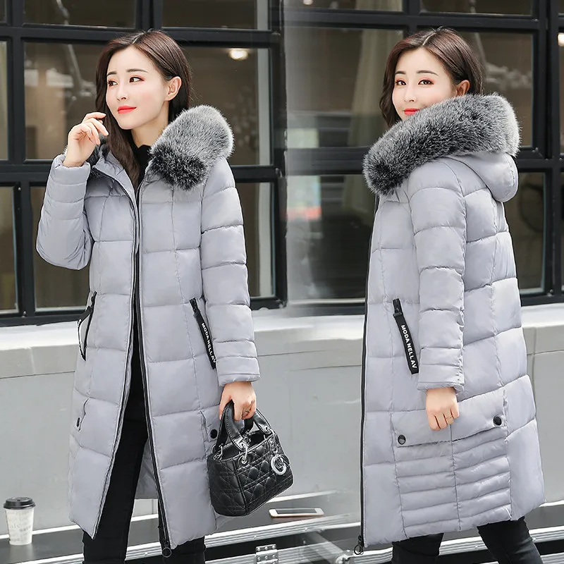 

2019 Winter New Style Brand down Jacket Cotton-padded Clothes Mid-length Slim Fit Large Fur Collar Versatile Warm Cotton-padded