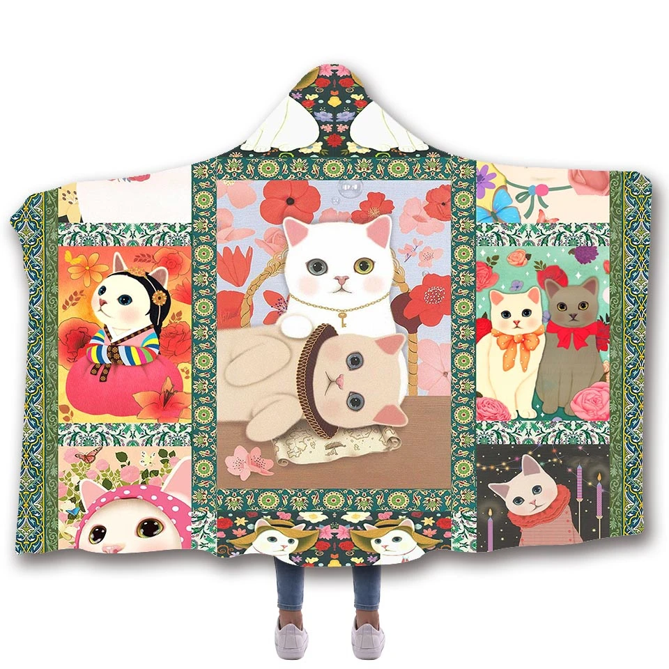 Флисовое одеяло с капюшоном с принтом кота и животных, одеяла, двухслойные бархатные мягкие одеяла