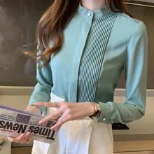 Korean Fashion Office Lady Women's Shirt White Pleasted Stand Collar Blouse 2021 Spring Summer New Arrival In Stock