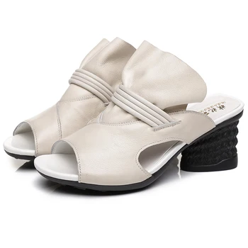 

2020 Summer Shoes Fashion Women Slippers Female Hollow Out Women Genuine Leather Sandals High Heels Shoes Zapatos Mujer